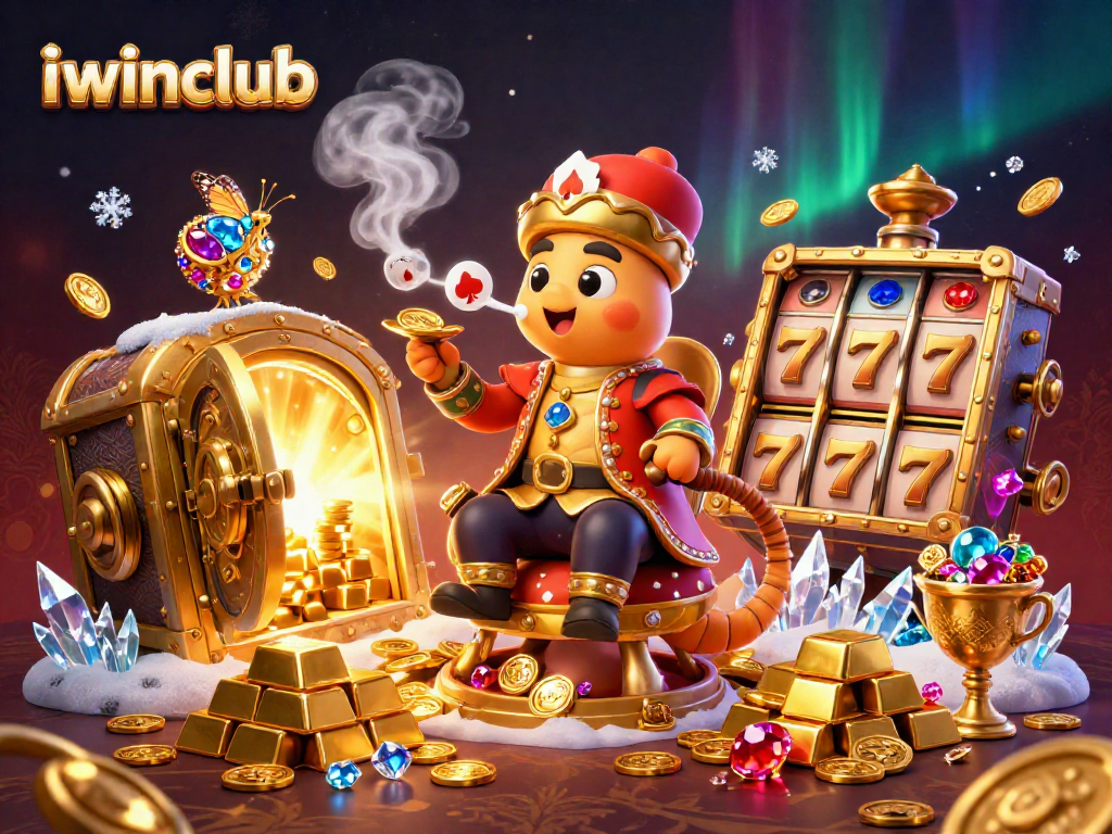 Experience the excitement of iwinclub with a vibrant 3D illustration of gambling symbols and riches.