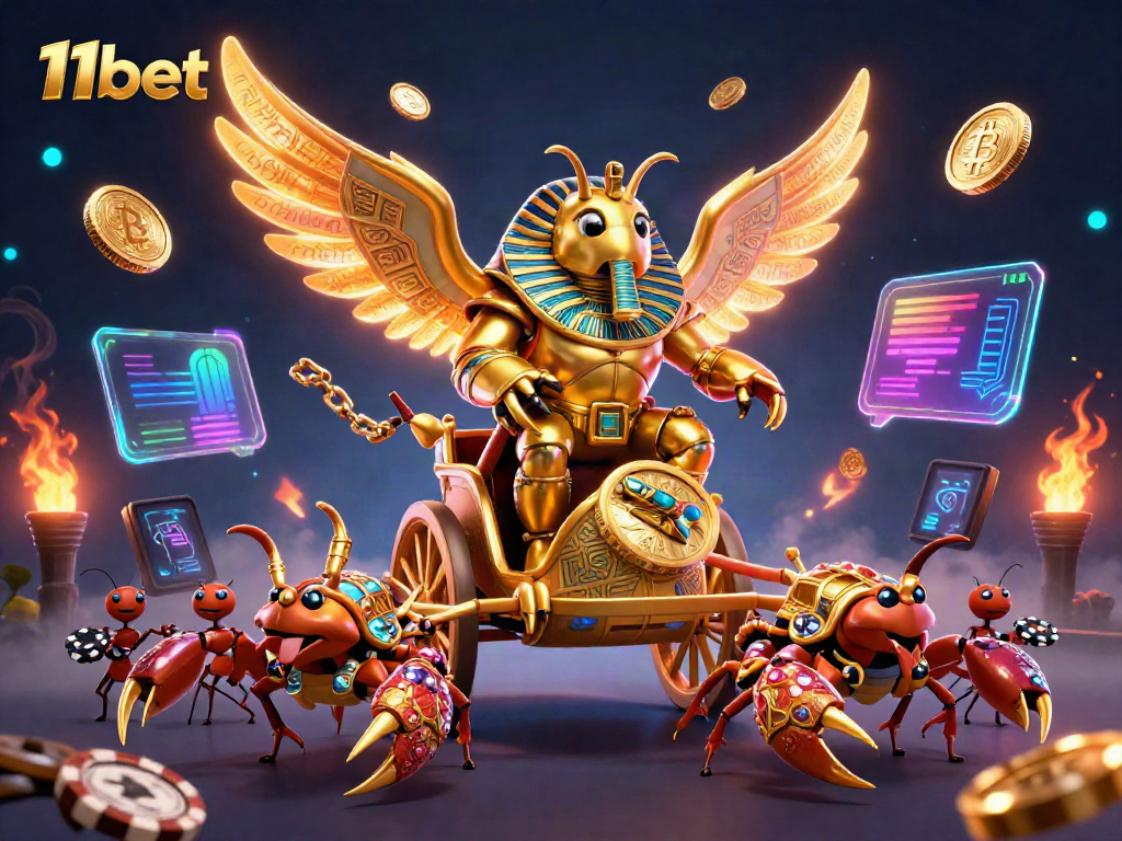 Experience the excitement of 11bet with a dynamic scene featuring a colossal beetle in pharaoh armor and vibrant cryptocurrency elements.