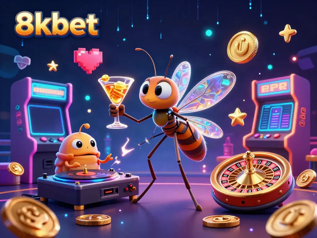 Experience thrilling moments at 8xbet with an engaging casino-themed 3D illustration showcasing vibrant gameplay.
