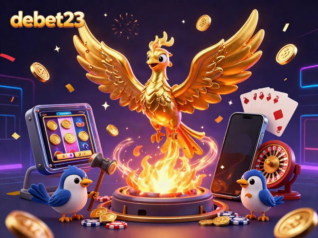 Experience the excitement of debet23 with a dynamic 3D phoenix scene bursting with casino elements.