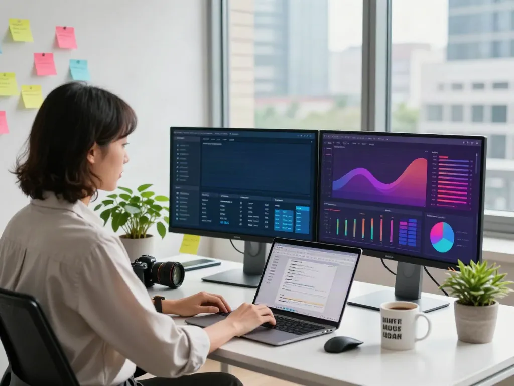 Strategist analyzing digital marketing url metrics in a modern office.