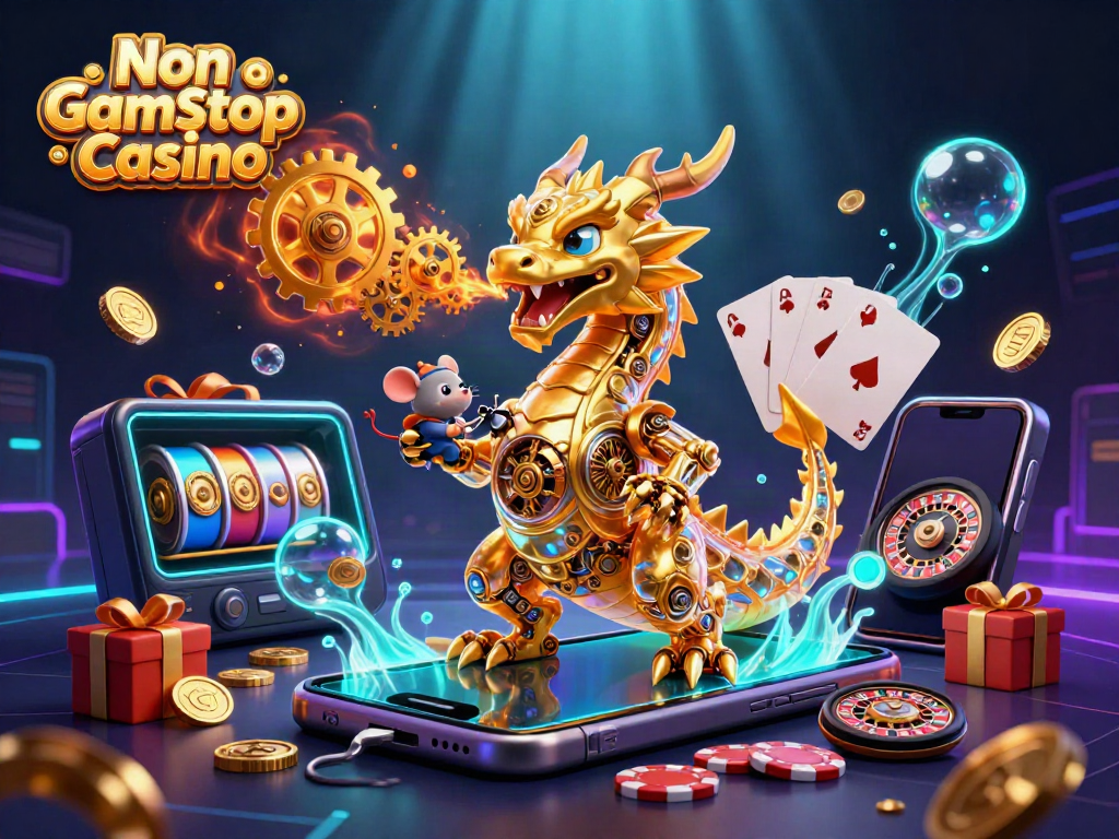 Enjoy a vibrant Non Gamstop Casino scene with a golden dragon and engaging gaming elements.