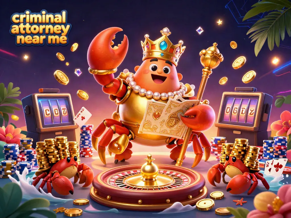 Cascading coins surround the golden crab emperor, symbolizing wealth for "criminal attorney near me".