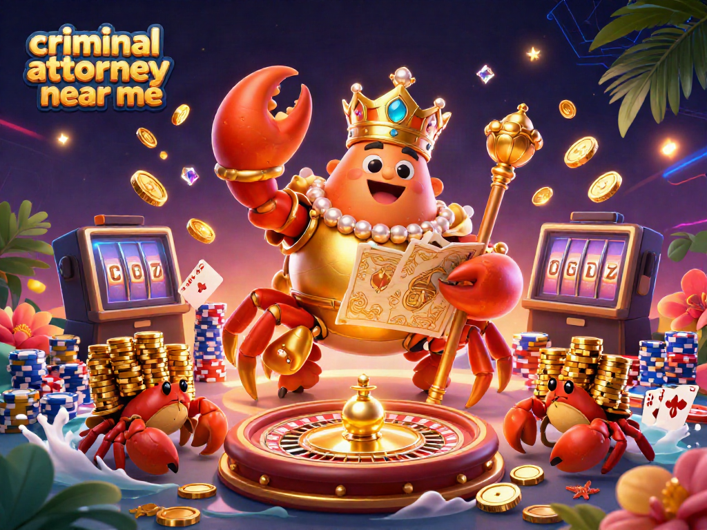 Cascading coins surround the golden crab emperor, symbolizing wealth for "criminal attorney near me".