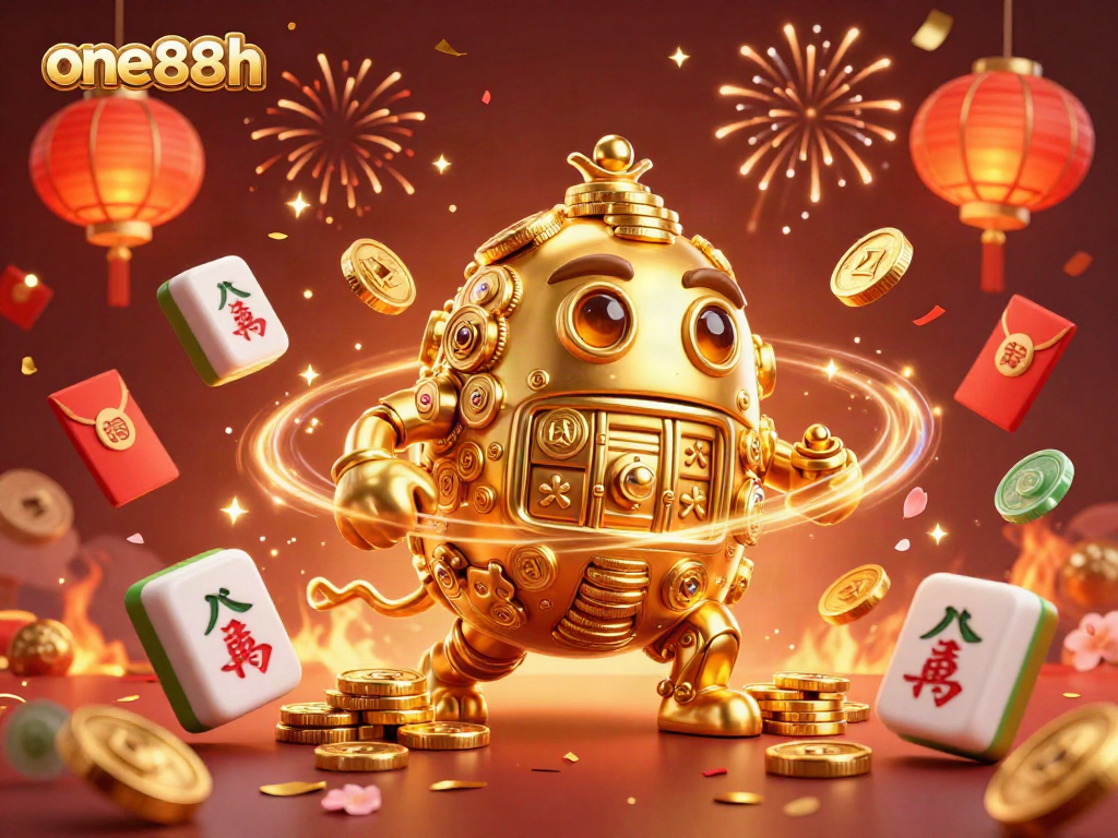 Experience the excitement of one88h with a golden golem surrounded by casino elements and festive decorations.