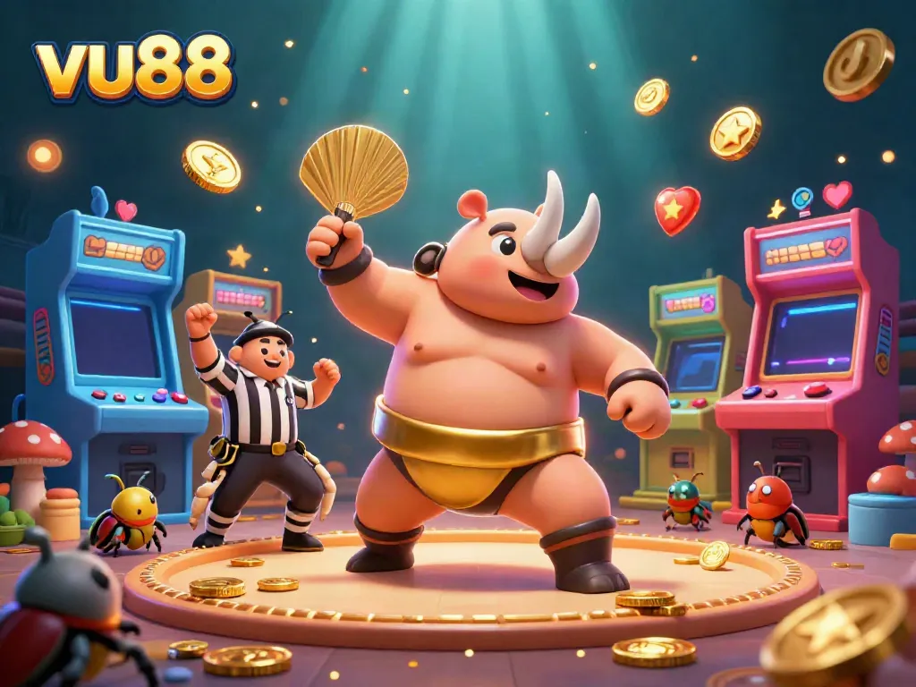 Experience the thrilling gaming world of vu88 featuring a sumo beetle champion and colorful arcade elements.