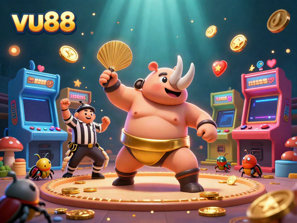 Experience the thrilling gaming world of vu88 featuring a sumo beetle champion and colorful arcade elements.