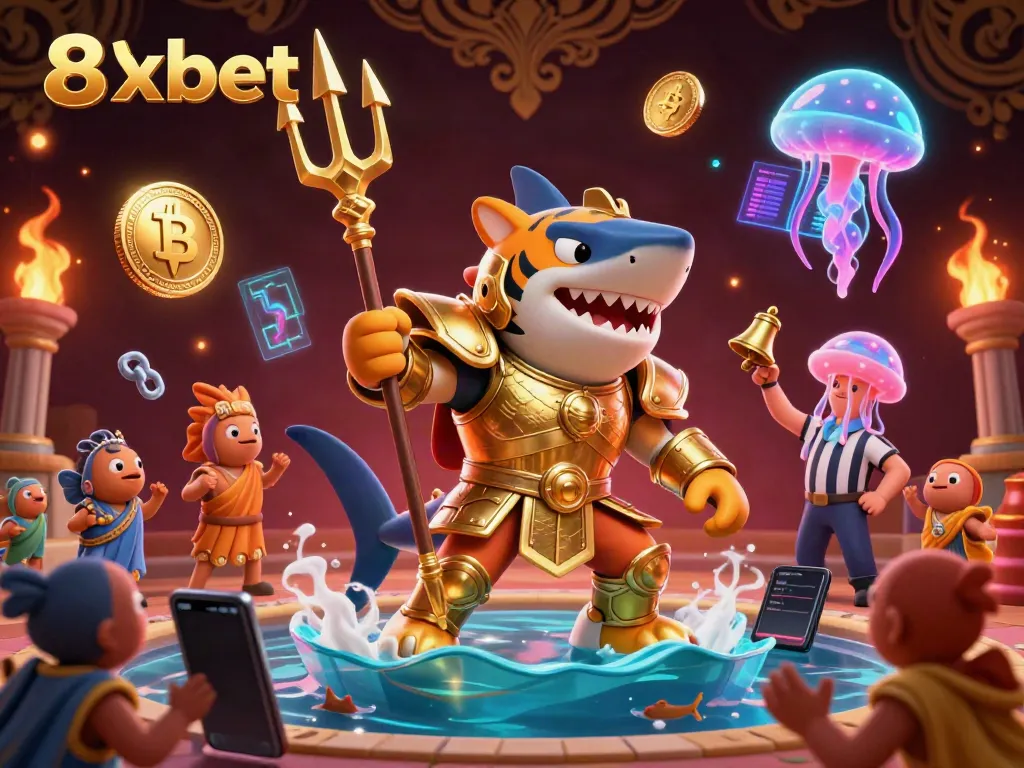 Experience thrilling gaming at 8xbet with a vibrant underwater scene featuring a tiger shark in golden armor.