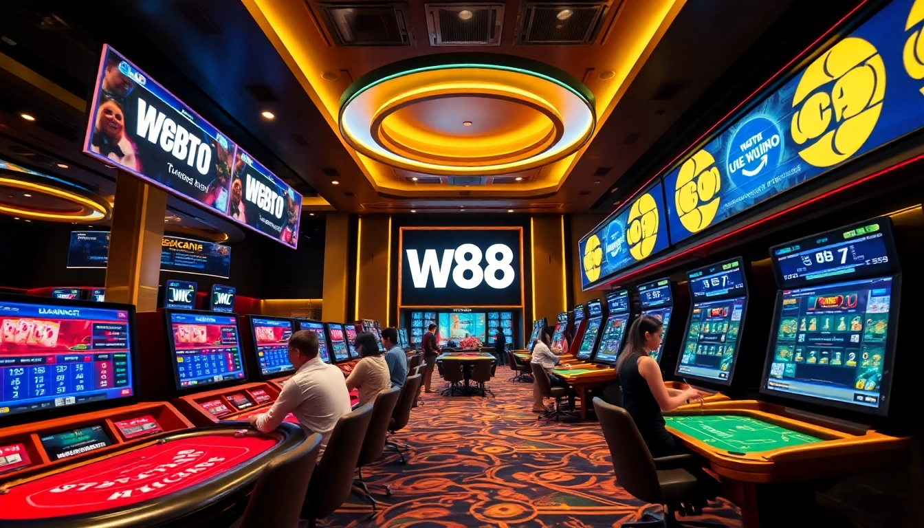 W88.nyc modern casino scene with players enjoying Baccarat and Blackjack games in a vibrant setting.