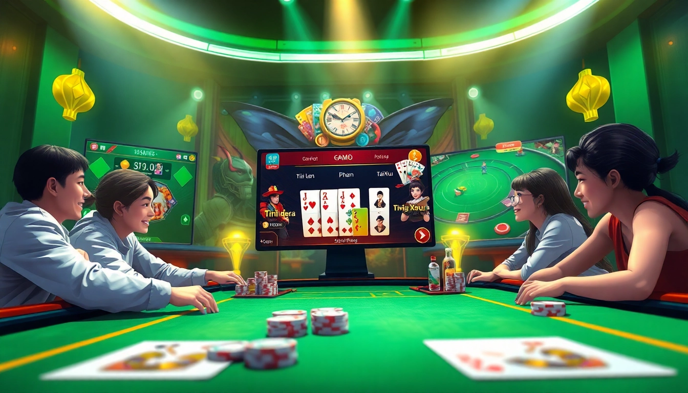 Dynamic online card gaming scene illustrating popular games at gamebaidoithuong.com.vc, featuring vibrant visuals and exciting gameplay.