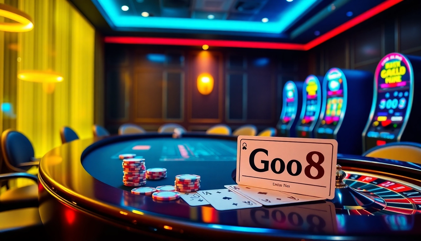 Exciting gambling scene with a poker table and Go8 betting slip in a vibrant casino.
