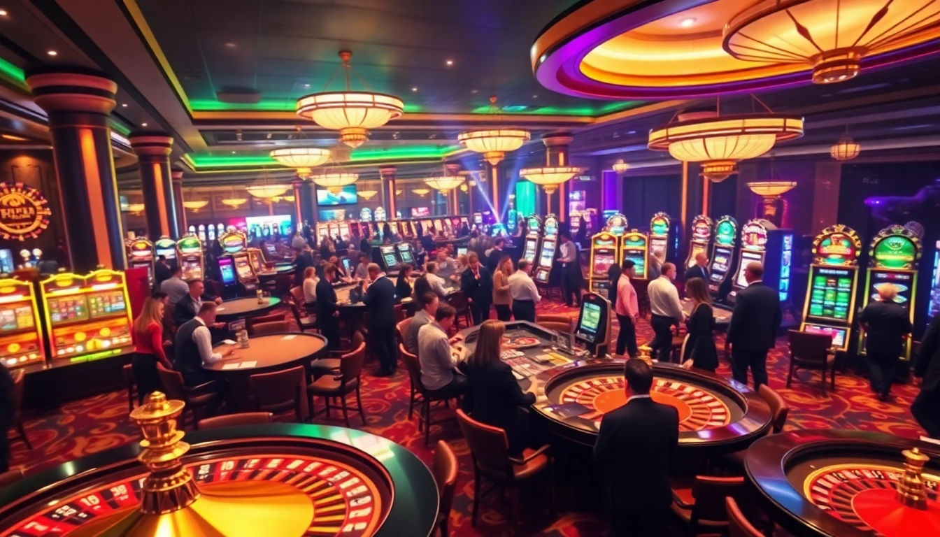 Tg88 trang chủ featuring an exciting casino scene with gamblers at tables and vibrant slot machines.