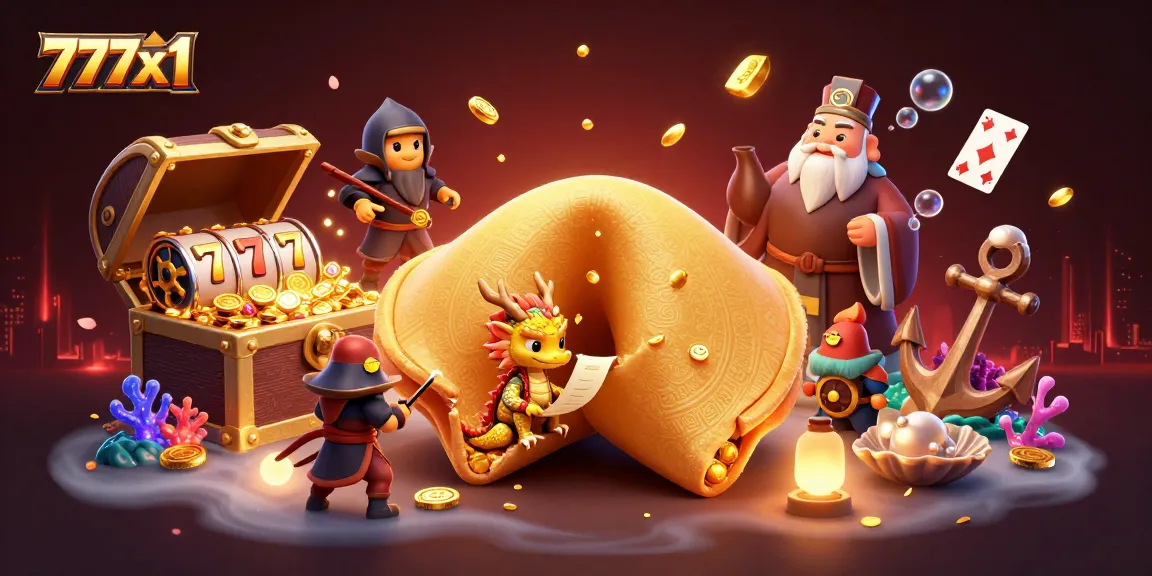 Engage with 777x1's dynamic casino adventure through an enchanting illustration filled with golden treasures and gaming excitement.