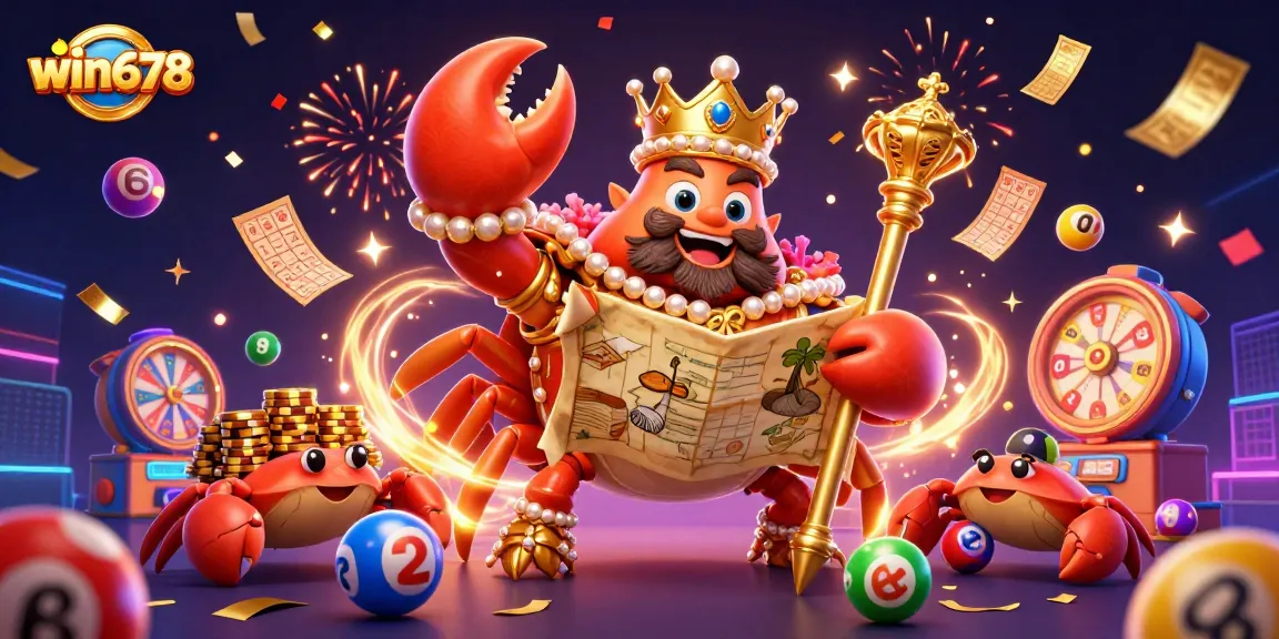 Win678 launches exciting gameplay with a golden crab emperor, dynamic lottery elements, and vibrant casino spirit.