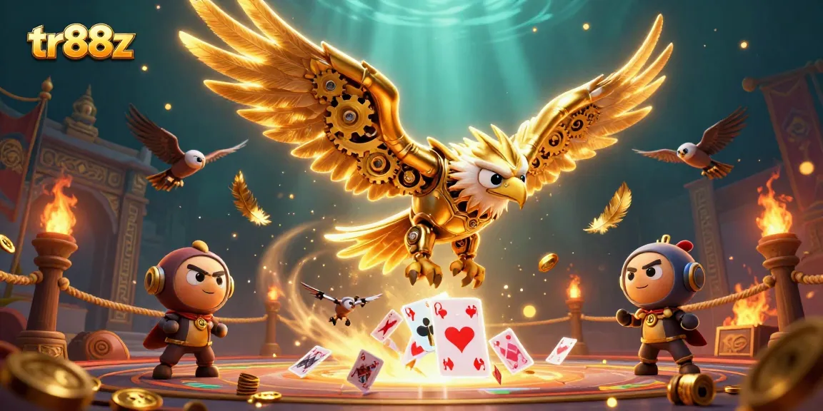Engage in thrilling gameplay with tr88z illustrated by a golden eagle amidst holographic cards.