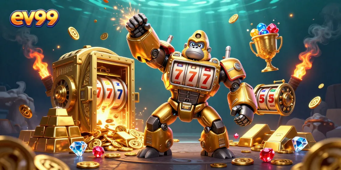 Experience the thrill of ev99 with a golden gorilla mech and dazzling slot elements in action.