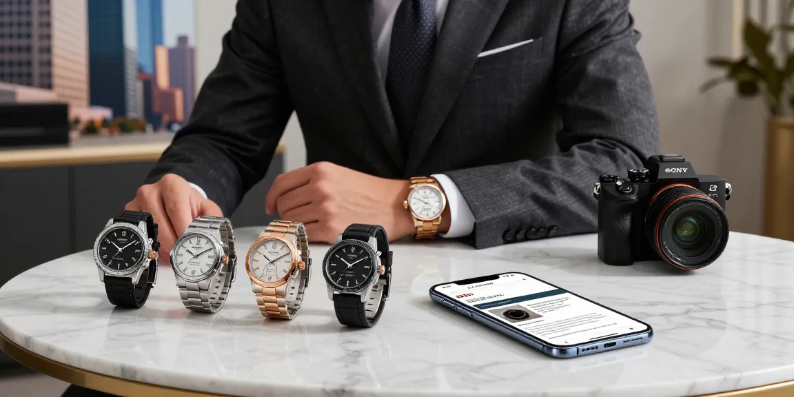 Display of luxury super clone watches on a marble table showcasing elegance and style.