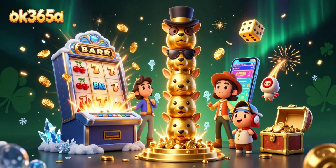 Engage with exciting gaming features at ok365a, illustrated by animated totem and slot machines.