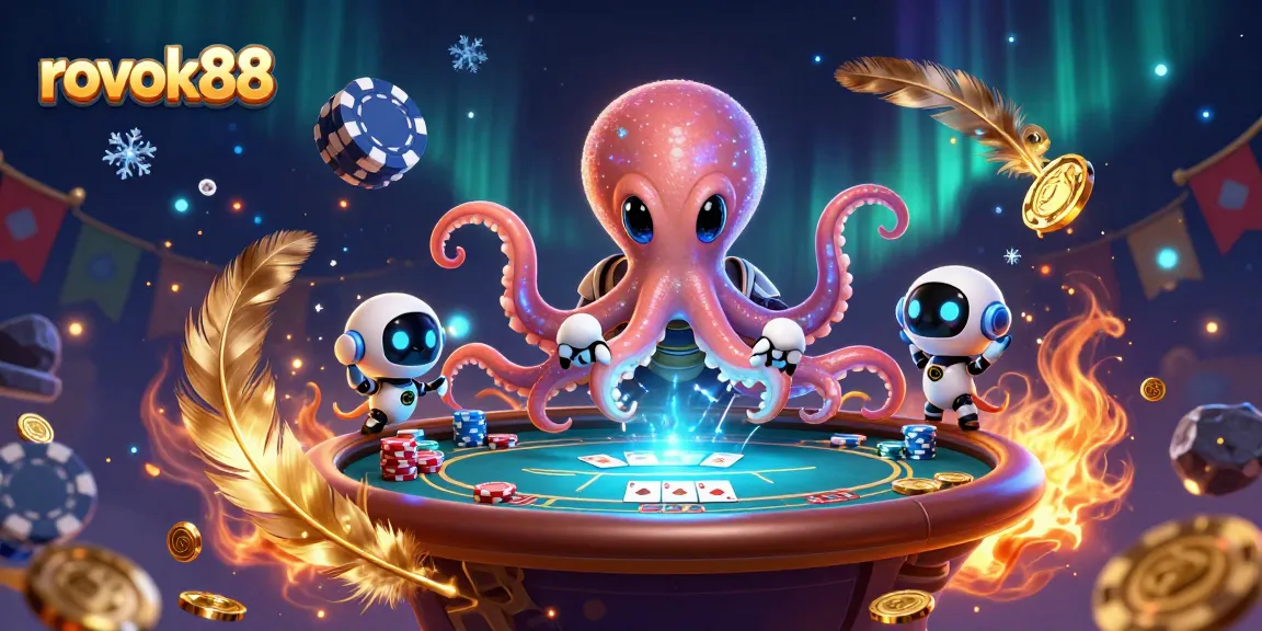 Engage with rokok88 as a shimmering octopus deals poker at a cosmic casino.