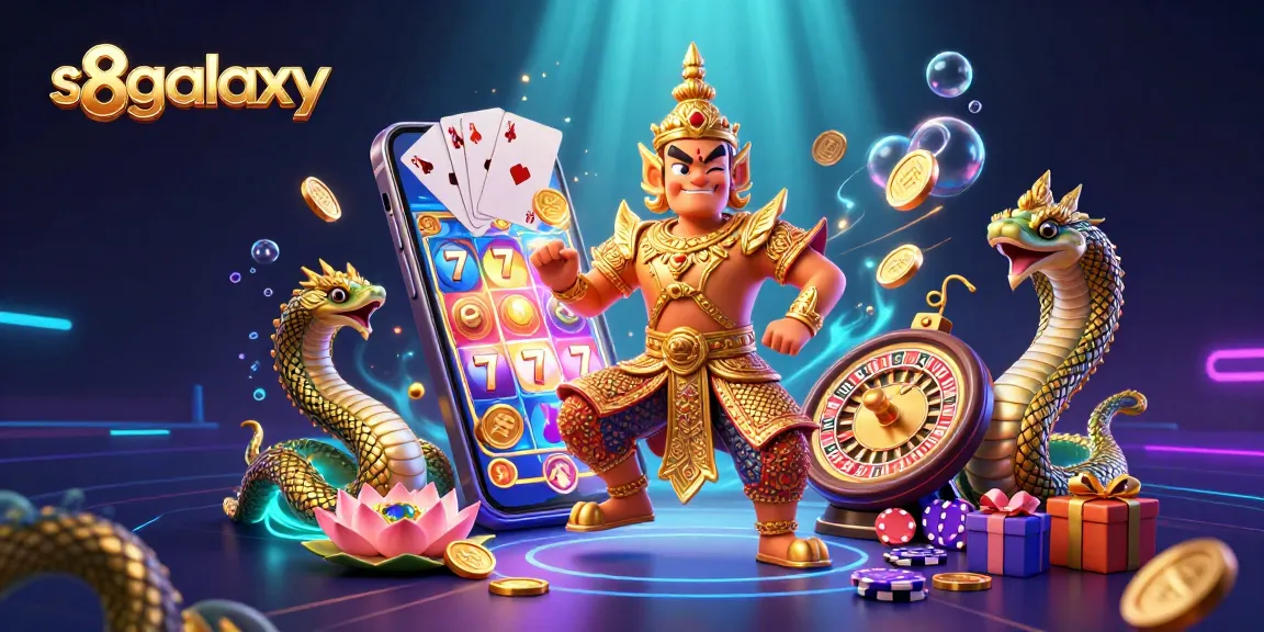 Experience the excitement of s8galaxy with a vibrant 3D casino illustration featuring interactive slot games and lucky symbols.