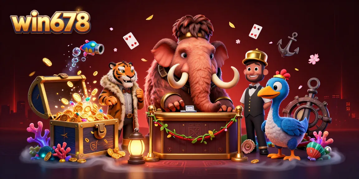 Experience thrilling games with win678 at the vibrant online casino featuring engaging characters in a lively scene.