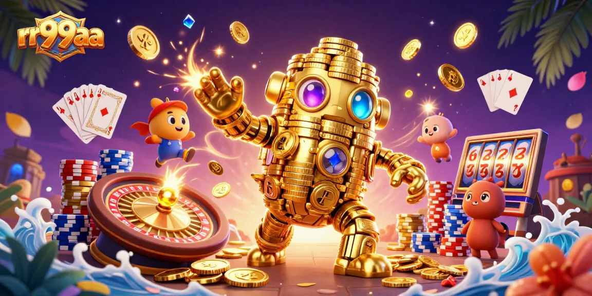 Engage in thrilling gameplay at rr99aa with a dazzling casino scene featuring a golden golem and dynamic game elements.