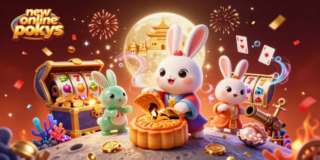 Play exciting new online pokies amid dazzling confetti, gold coins, and whimsical characters in a casino-themed scene.